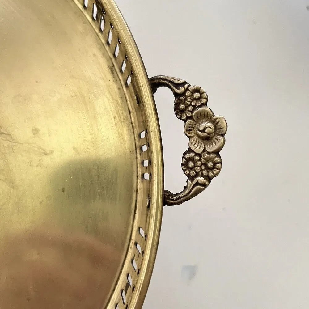 Vintage Brass Gallery Tray Round Ornate Dual Handles Made in India 11 Inch